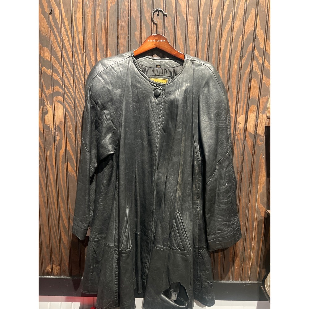 Vintage Cognac Black Leather Swing Coat Collarless Single Button Mid Jacket